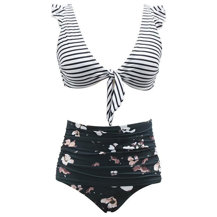 Sleeveless high waist swimsuit striped swimsuit split