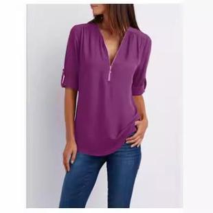 zipper long neck womens shirt loose plus roll size