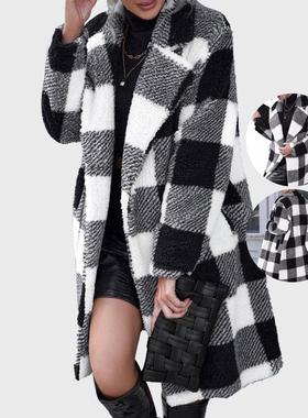 plaid lapel long buttonless loose coat sleeve Womens long