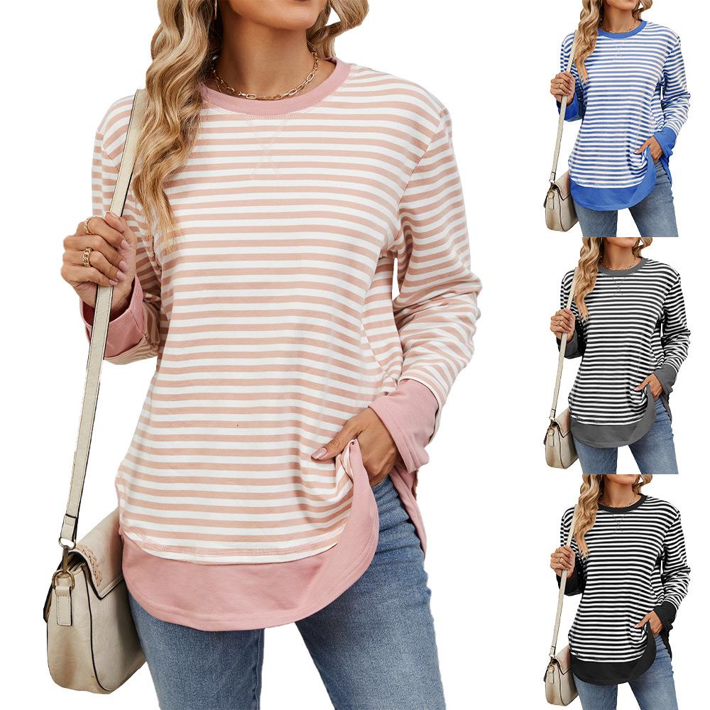 loose contrast for color neck sleeve top round Striped long