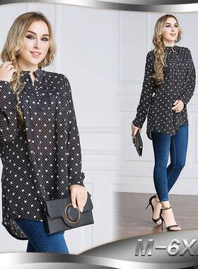 plus V-neck fashionable long-sleeved dot ruffled shirt