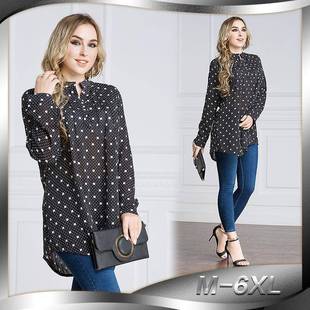 plus V-neck fashionable long-sleeved dot ruffled shirt
