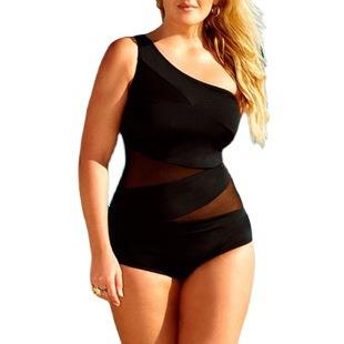 Sexy fat people plus size swimsuit black one-shoulder
