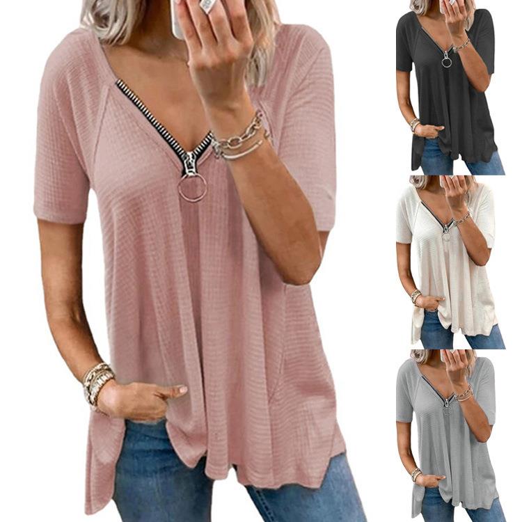 Plus Top Size Color Womens Zipper T-shirt Sleeve Solid