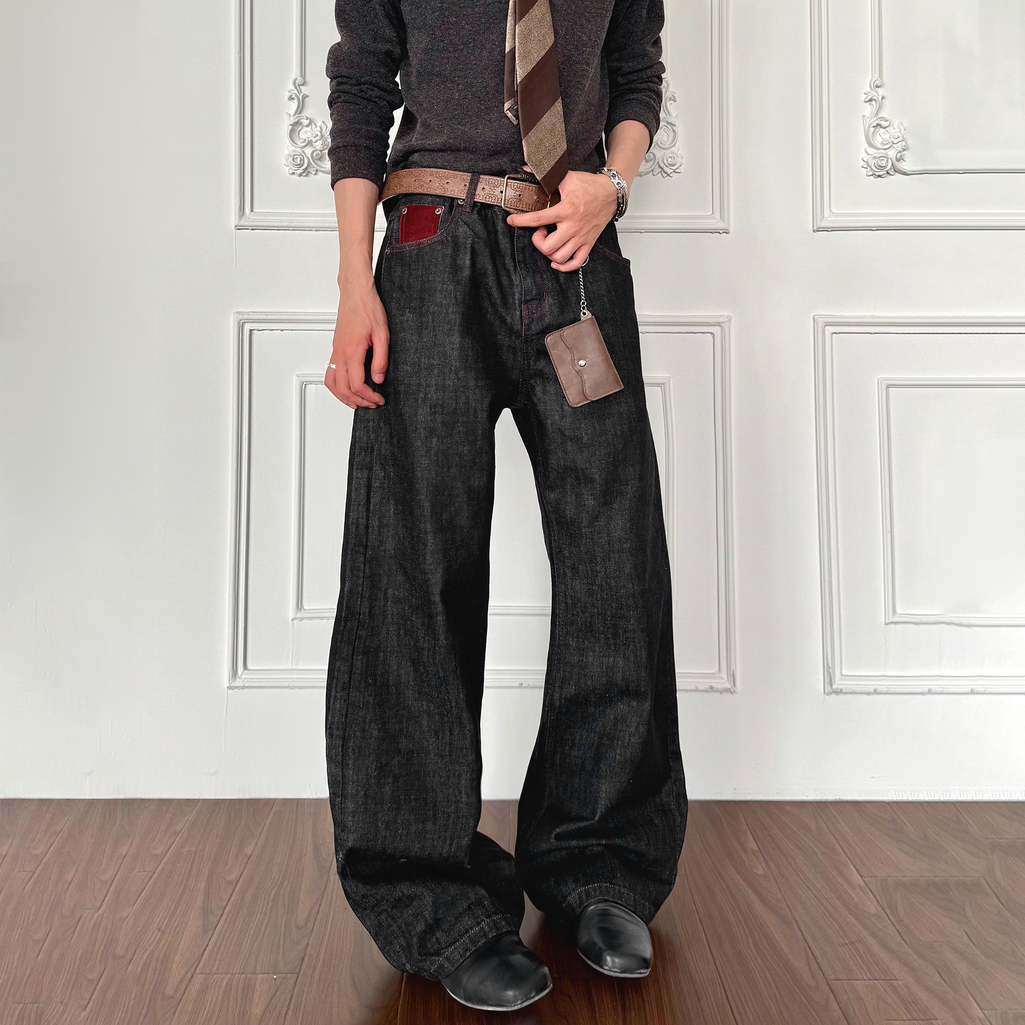 XCOK赤马原牛牛仔裤cleanfit黑色微喇裤子男女宽松阔腿直筒长裤