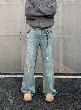 小柯XCOK美式泼墨水洗蓝色牛仔裤男高街vibe痞帅潮牌宽松直筒长裤