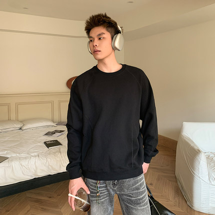 美式秋冬季潮牌重磅空气层加绒圆领卫衣男款套头解构裁剪长袖上衣
