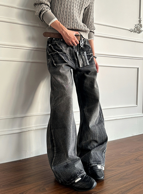 小柯XCOK美式高街闪电纹水洗黑色牛仔裤男直筒微喇裤cleanfit长裤