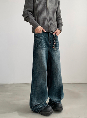 小柯xcok复古蓝色牛仔裤男款街头潮牌美式cleanfit宽松休闲直筒裤