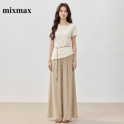 MIXMAX/美姿宝莲2026夏新款温柔通勤串珠腰绳收腰上衣阔腿裤套装