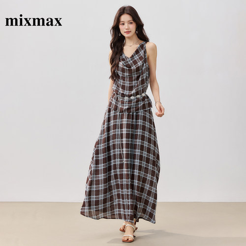 MIXMAX/美姿宝莲2026夏新款复古格纹荡领无袖上衣大摆半裙套装女