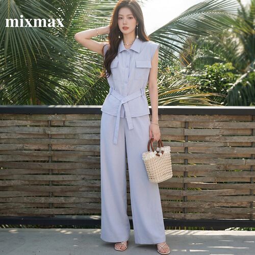MIXMAX/美姿宝莲2026夏韩版慵懒无袖翻领衬衫阔腿裤气质通勤套装