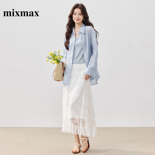 MIXMAX/美姿宝莲2026夏新款韩系减龄三件套女轻薄衬衫高腰蕾丝裙