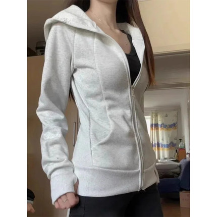 lulu doll修身卫衣外套女秋冬灰色冬季加绒连帽穿搭短款紧身上衣