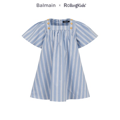 BALMAIN 条纹连衣裙女童短袖方领浅蓝色裙子丨RollingKids