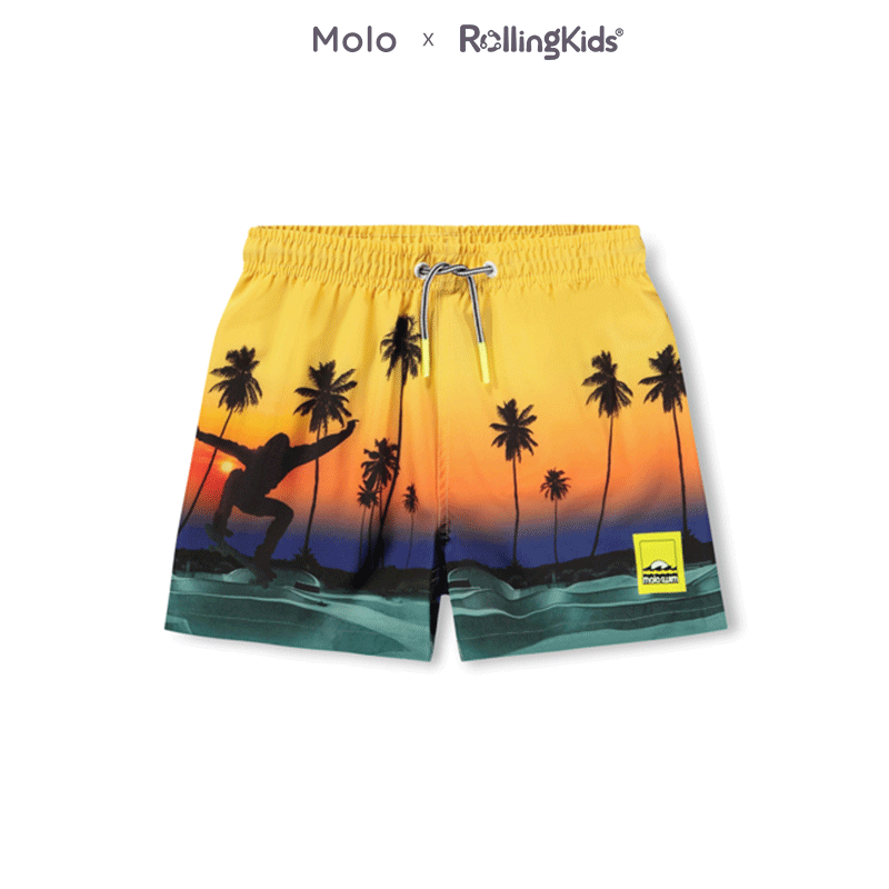 Molo 度假风印花儿童泳裤男童黄色抽绳游泳裤丨RollingKids