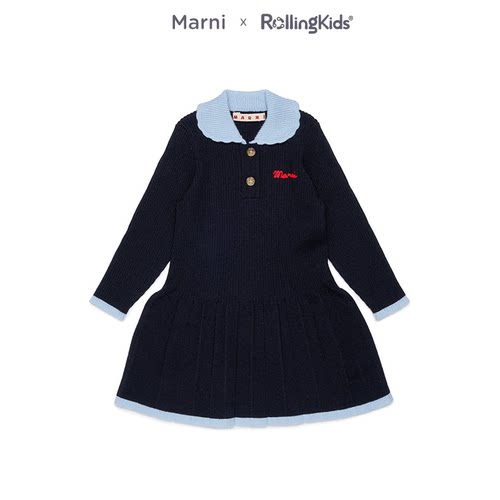 Marni 法式复古翻领撞色长袖连衣裙女童收腰藏青色丨RollingKids