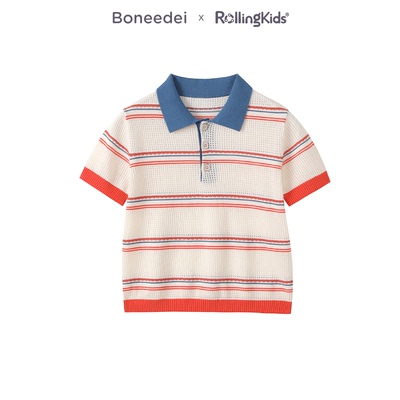 Boneedei 学院风撞色条纹POLO衫男童翻领短袖针织衫丨RollingKids