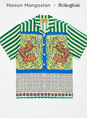 Maison Mangostan 度假风印花短袖衬衫墨绿色衬衣丨RollingKids