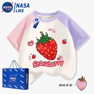 NASA西瓜衣服儿童翻转亮片可变色图案小女孩草莓上衣纯棉短袖T恤