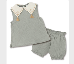 日单小木马cottoli翻领流苏纱布软透气吸汗无袖上衣短花苞裤套装