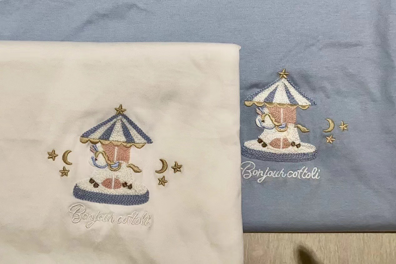 日单小木马cottoli刺绣方领柔软套头公主泡泡袖短袖上衣女宝婴童