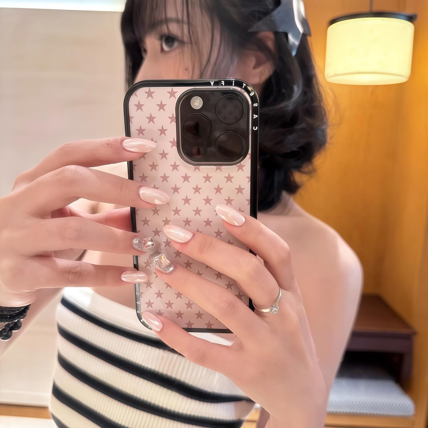 欧美高级感皮粉极光纯手工穿戴甲爆闪方钻海莉温柔显白珍珠粉美甲
