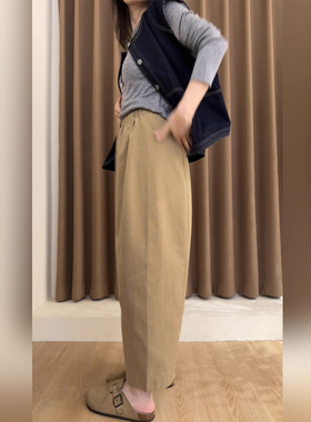 秋季新款高密纯棉卡其色气球裤极简百搭立体裁剪九分阔腿裤