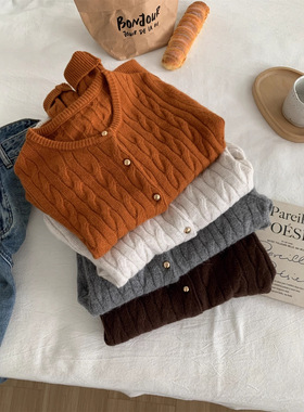 气质复古小金扣圆领麻花绵羊毛针织开衫女糯叽叽韩版毛衣外套秋冬