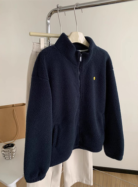 刺绣笑脸藏青色立领羊羔毛外套女暖乎乎加厚保暖小个子冬季拉链衫