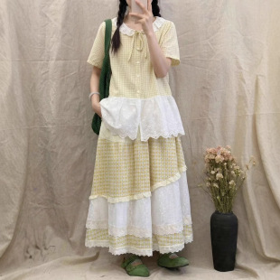 大码森系黄格子娃娃领短袖衬衫女夏季纯棉宽松遮肉蕾丝拼接甜美衬
