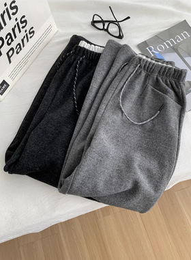 小个子慵懒显瘦深灰色毛呢弯刀裤女宽松休闲百搭九分奶奶裤秋冬