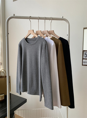 秋冬基础百搭简约纯色长袖磨毛宽松恤亲肤圆领显瘦打底衫女