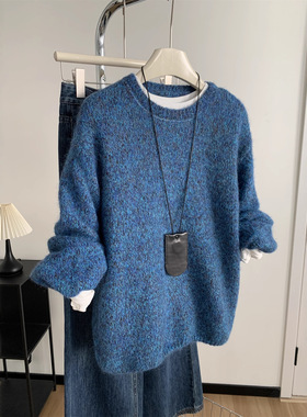 显白复古靛蓝色圆领套头毛衣女柔软亲肤松弛感秋冬保暖羊毛针织衫