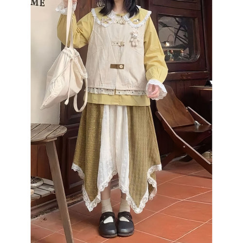 森系复古娃娃领马甲裙套装