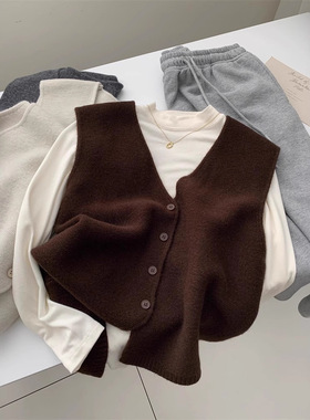 温柔复古领针织马甲女秋冬季慵懒百搭叠穿无袖背心气质显瘦开衫