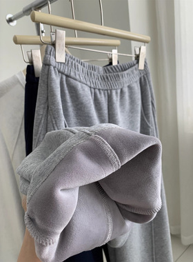 秋冬保暖拼接阔腿加绒弯刀裤女直筒束脚两穿休闲卫裤保暖哈伦裤