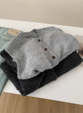 秋冬叠穿圆领针织背心女气质通勤糯叽叽羊毛开衫韩系百搭灰色马甲