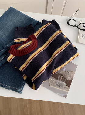 显白复古藏青条纹套头毛衣女松弛感秋冬韩系百搭加厚保暖针织衫