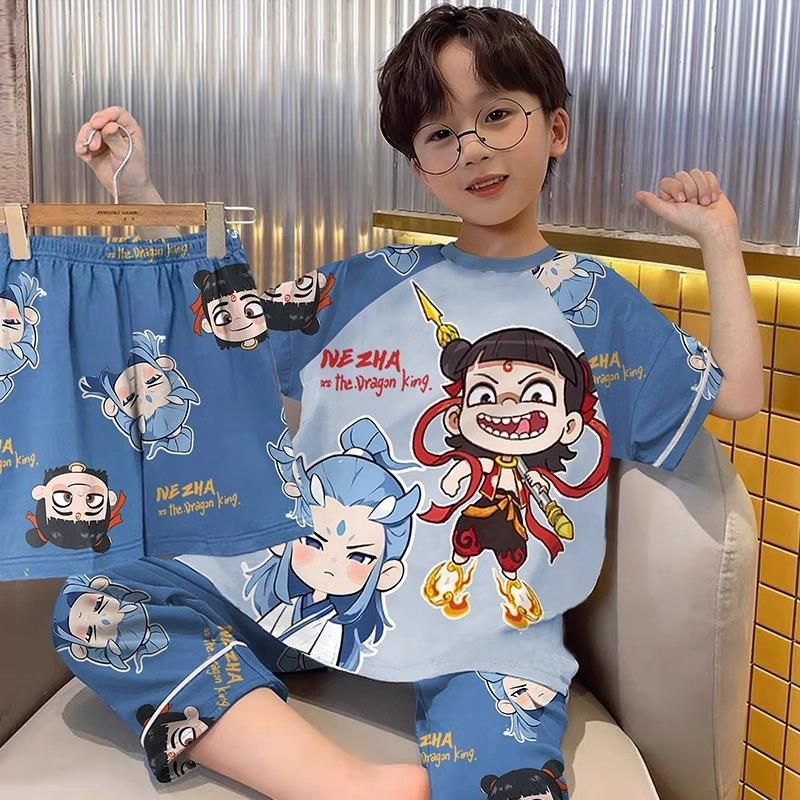 哪吒睡衣男童春夏季短袖纯棉儿童三件套2025新款青少年男孩家居服