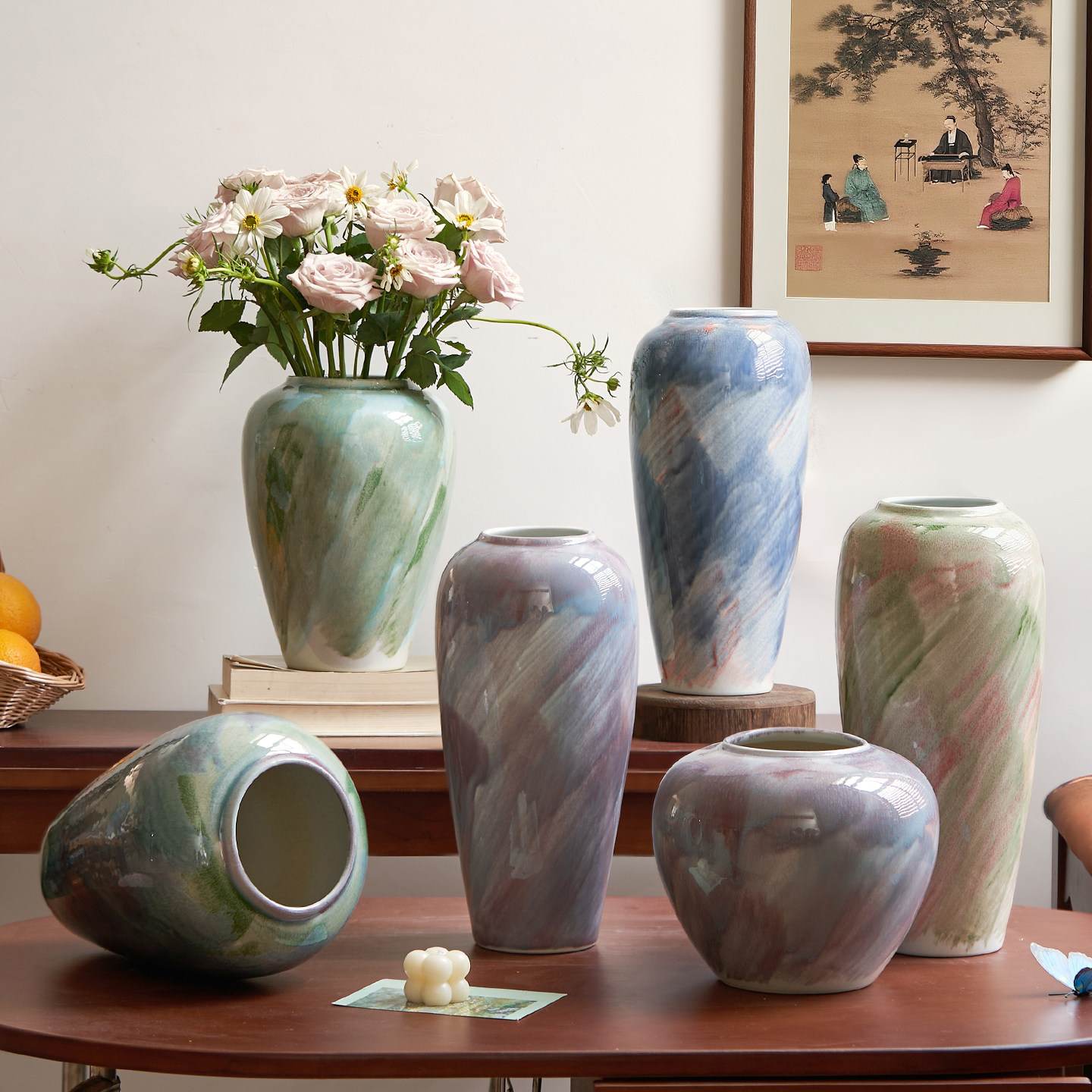 景德镇高级感陶瓷花瓶简约油画风家用客厅玄关插花水培养鲜花摆件