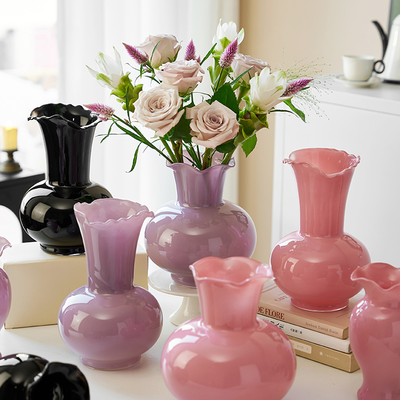 法式芬顿花瓶玻璃高级感ins玉粉色客厅餐桌插花摆件中古装饰花器