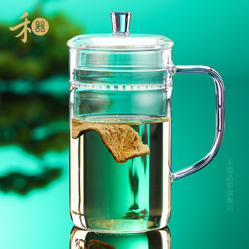 禾器玻璃杯带盖子茶水分离泡茶杯女士办公室喝水杯子月牙绿茶花茶