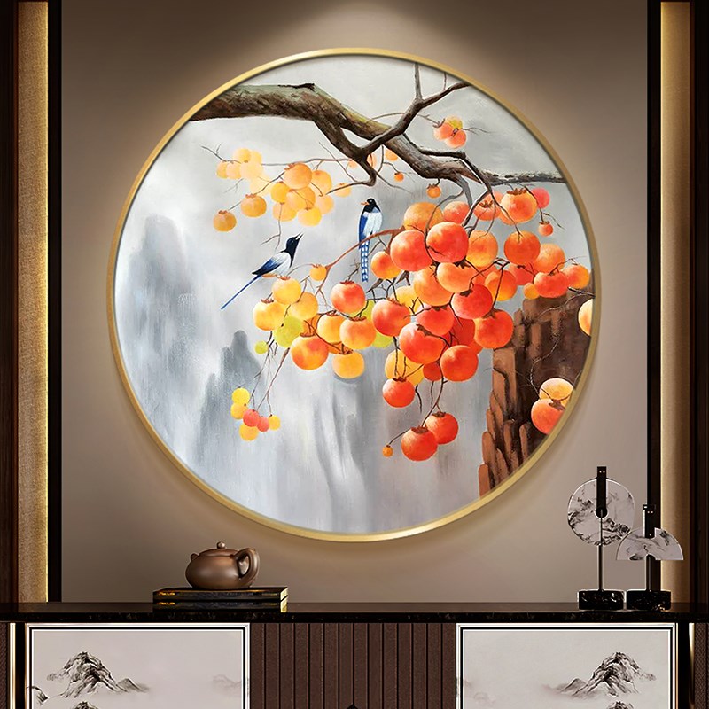 速发圆形手绘油画事事如意柿子欧式玄关装饰画客厅挂画餐厅卧室壁图片