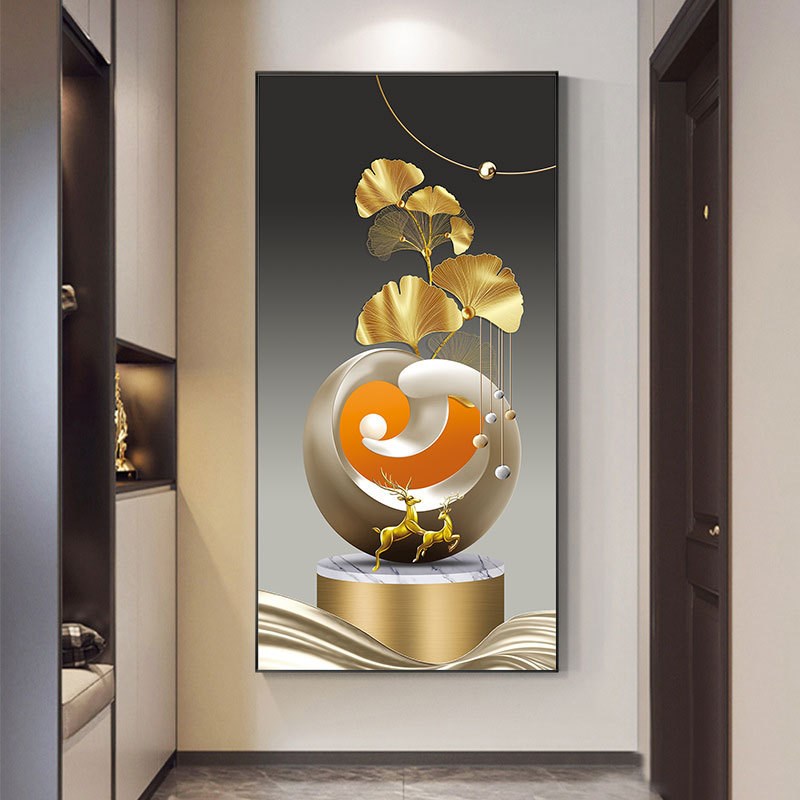 速发玄关装饰画高级感轻奢麋鹿金色树叶走廊过道挂画样板间软装挂图片