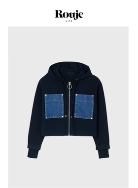 【现货】Rouje Life牛仔拼接短外套25秋季休闲时髦连帽针织衫开衫