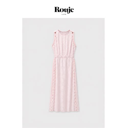 【现货】Rouje Life温柔贵气！度假裙春季粉色镂空无袖收腰连衣裙