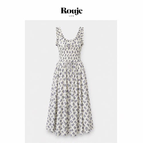 【现货】Rouje Life大裙摆经典4米碎花度假田园风褶皱抽绳连衣裙