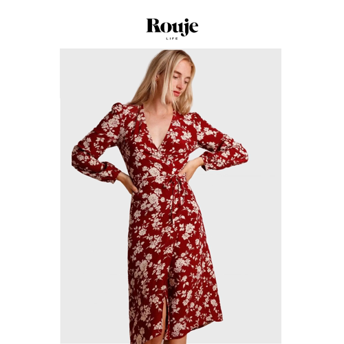 【现货】Rouje Life 印花V领长袖中长款连衣裙法式茶歇裙复古女
