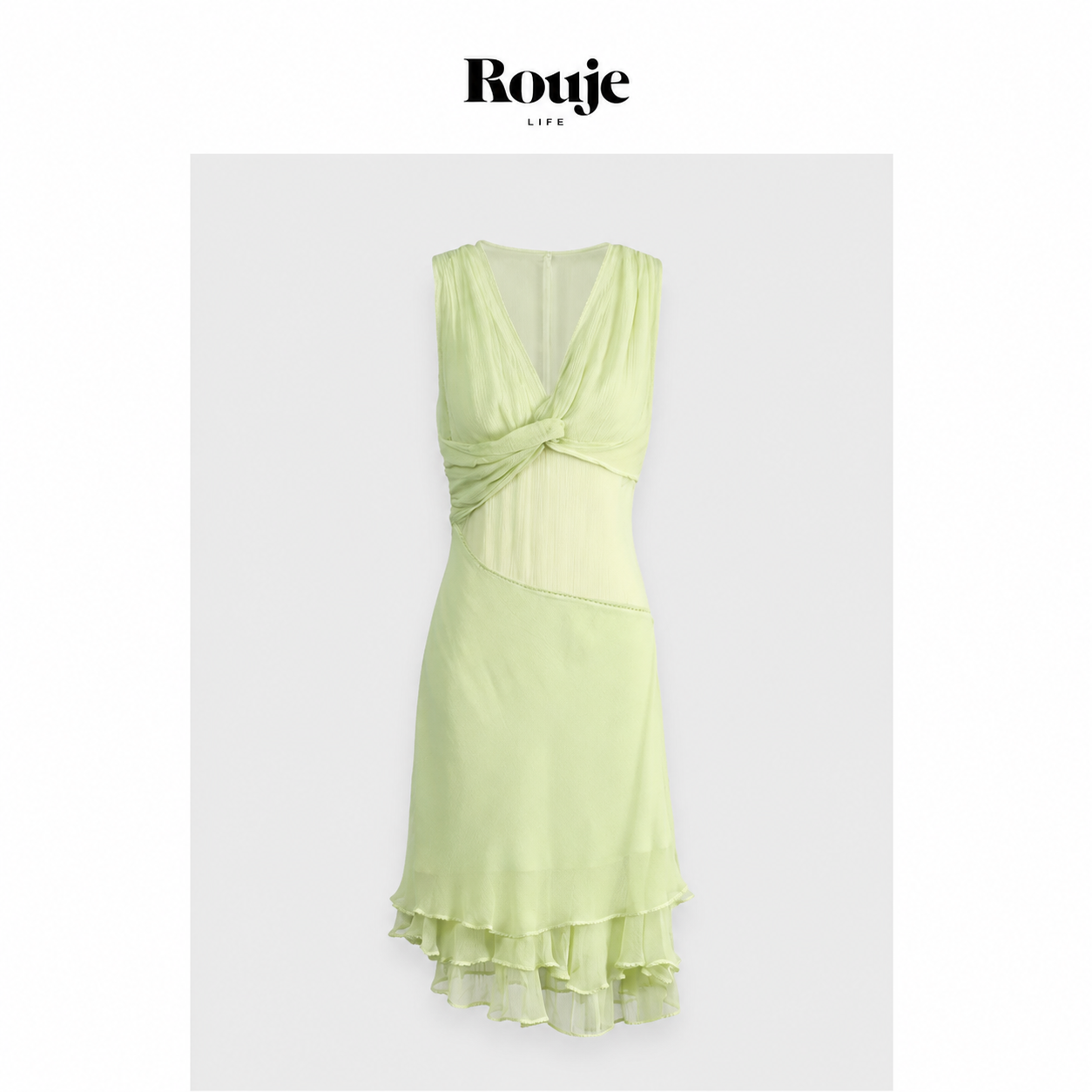 【现货】Rouje Life蒲言延100%人丝曼谷薄荷法式V领荷叶边连衣裙